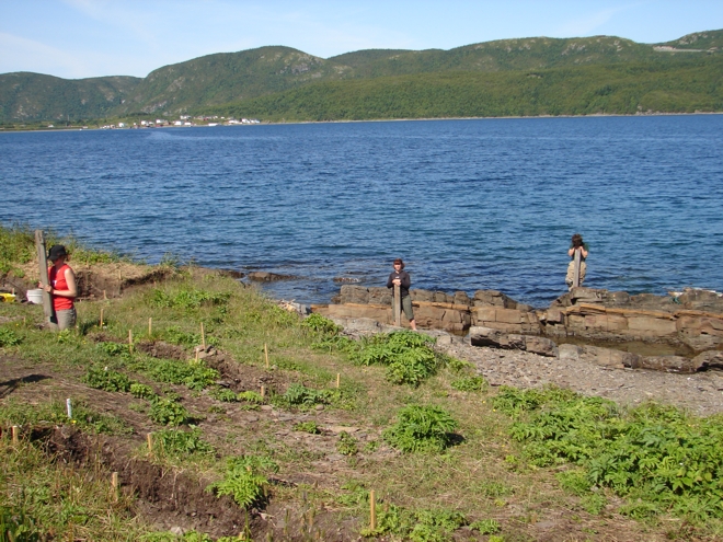 The Archaeology of the Petit Nord crew estimate  the alignment  of the fishing stage at Champ Paya (EfAx-09), Cape Rouge Harbour in 2009. The positions on the rocky foreshore indicate the location of worn post scars in the rock surface